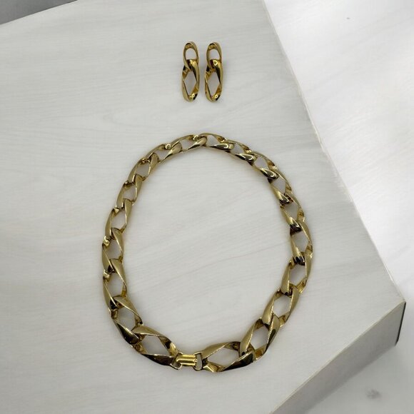 Vintage 80s Fashion Jewelry Necklace and Earring Set‎ Gold Tone Link Chain 16" - Picture 11 of 11